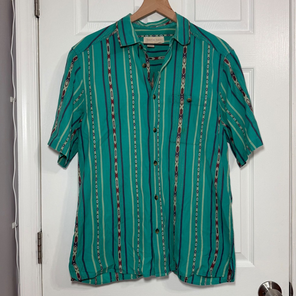 Vintage 80s Territory Ahead Mens M Aztec Stripe Southwestern Cotton Button Shirt